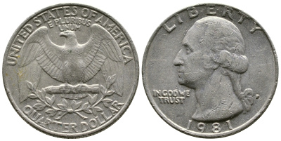 США 25 центов (квотер) 1981 P, Джордж Вашингтон KM 164a медь плакированная медно-никелем 4364-2225