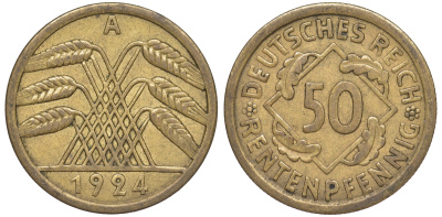 Германия 50 рентенпфеннигов 1924 A J. 310, KM 34 алюминиевая бронза 4513-1016