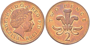 Великобритания 2 пенни 1998 Елизавета II (1952-2022) KM 987a, Spink C5A бронза aUNC 4128-313