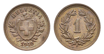 Швейцария 1 раппен 1940 B KM 3.2 бронза 46-636