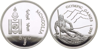 Монголия 500 тугриков 1998 XVIII зимние Олимпийские игры 1998 года в Нагано, слалом KM 155 серебро PROOF 1080-1-22