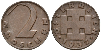 Австрия 2 гроша 1937 KM 2837 бронза 4596-529