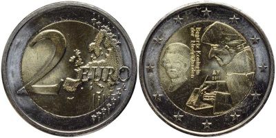 Нидерланды 2 евро 2011 500 лет издания книги «Похвала глупости» Эразма Роттердамского KM 298 биметалл BUNC 114-935