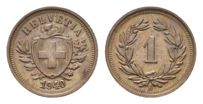Швейцария 1 раппен 1940 B KM 3.2 бронза 46-636