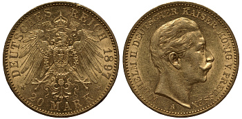 Пруссия 20 марок 1897 Вильгельм II J. 252, KM 521 золото 00-000-00