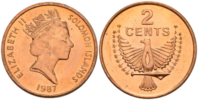 Соломоновы Острова 2 цента 1987 Елизавета II (1953-) KM 25 сталь плакированная бронзой aUNC 4563-125