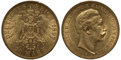 Пруссия 20 марок 1897 Вильгельм II J. 252, KM 521 золото 00-000-00
