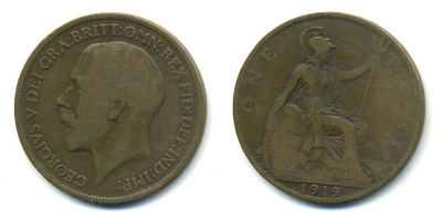 Великобритания 1 пенни 1919 Георг V (1910-1936) КМ 810, Spink 4051 бронза 4110-212