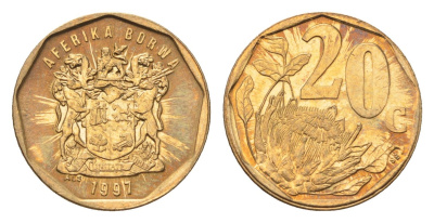 ЮАР 20 центов 1997 герб, цветок протея KM 162 сталь плакированная латунью UNC 4694-855
