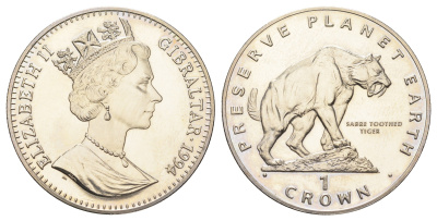 Гибралтар 1 крона 1994 Заповедник планета Земля - Саблезубый тигр KM 239 медно-никель BU 1524-1824