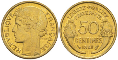 ФРАНЦИЯ 50 САНТИМОВ 1941 ТИП MORLON KM 894.1, LE FRANC 192.18 алюминиевая бронза 44-625
