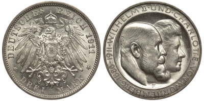 Вюртемберг 3 марки 1911 F, серебрянная свадьба Вильгельма II и Шарлотты Weege 173a, J. 177a, KM 636 серебро UNC 413-5614