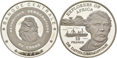 Конго 10 франков 1999 исследователи Африки - доктор Давид Ливингстон, тираж 10000 экз. KM 20 серебро PROOF 04-319-33
