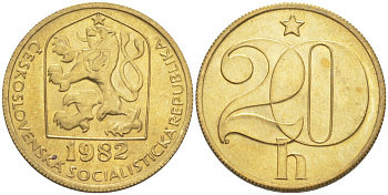 Чехословакия 20 геллеров 1982 социалистическая Республика KM 74 латунь 77-241