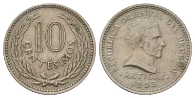 Уругвай 10 сентесимо 1953 KM 35 медно-никель 4390-1024