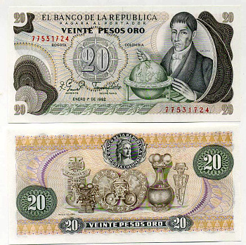 Колумбия 20 песо 1982 Франсиско Хосе де Кальдас, музей золота Pick 409d бумага UNC (пресс) 447-66-1-3