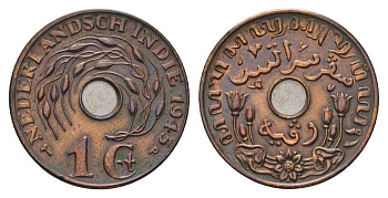 Нидерландская Восточная Индия 1 цент 1945 р, Вильгельмина (1890-1948) KM 317 бронза 4681-757
