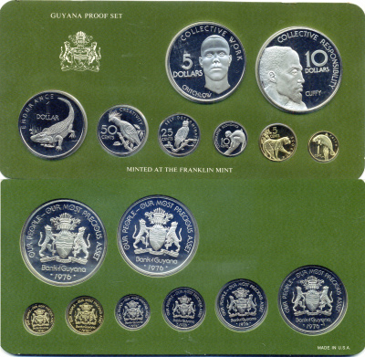 Гайана набор из 8 монет (1, 5, 10, 25 и 50 центов; 1, 5 и 10 долларов) 1976 10 лет Независимости, в оригинальной упаковке, с сертификатом подлинности KM 37, 38, 39, 40, 41, 42, 43a и 44a) PROOF 4-3-1-19