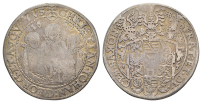 Саксония, Альбертинская линия 1 талер 1599 Кристиан II, Иоган Георг I и Август - Три брата Davenport 9820 серебро 00-805-11