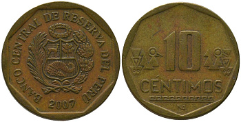 Перу 10 сентимо 2007 LIMA KM 305.4, Schon 104 латунь 4543-911