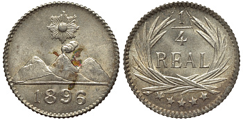 Гватемала 1/4 реала 1896 5 звезд, Испанское правление KM 162 серебро 4549-453