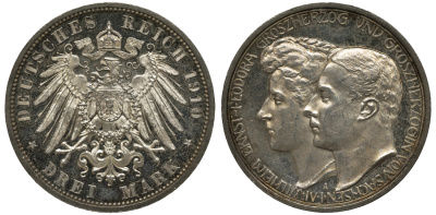 Саксен-Веймар-Эйзенах 3 марки 1910 А, на вторую свадьбу Вильгельма Эрнста и Феодоры Weege 158, J. 162, KM 176 серебро PROOF 00-816-43