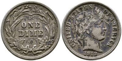 США 10 центов (дайм) 1912 тип Барбер (Barber) KM 113 серебро 46-561