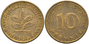 ФРГ 10 пфеннигов 1986 F KM 108, J.383 сталь плакированная латунью 4681-1154