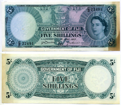 Фиджи 5 шиллингов 1957 1 ИЮНЯ 1957, Елизавета II Pick 51а бумага XF-UNC 00-00