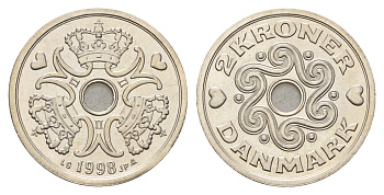 Дания 2 кроны 1998 Маргрете II (1972-2024) KM 874 медно-никель UNC 176-523