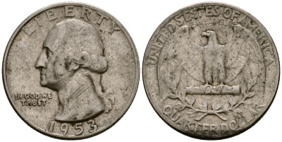 США 25 центов = квотер 1953 Вашингтон KM 164 серебро 4177-725