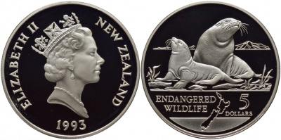 Новая Зеландия 5 долларов 1993 охрана окружающей среды, морские львы KM 89 серебро PROOF 1077-2-22