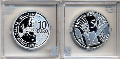Бельгия 10 евро 2007 50 лет Римскому договору KM 260 серебро PROOF 5-3-1-39