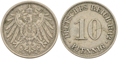 ГЕРМАНИЯ 10 ПФЕННИГОВ 1912 A KM 12, J. 13 медно-никель 110-244