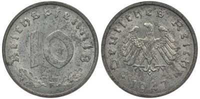 Германия 10 рейхспфеннигов 1947 F, оккупация Германии союзными войсками J. 375, KM A104 цинк UNC 4127-1235