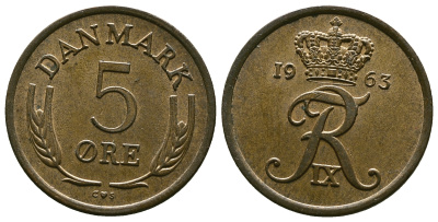 Дания 5 эре 1963 C; S, Фредерик IX (1947-1972) KM 848.1 бронза 4383-1047