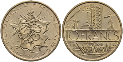 Франция 10 франков 1976 тип Матье KM 940, Le Franc 365.7-8 никель латунь UNC 4116-1141