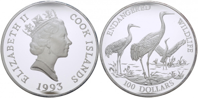 Острова Кука 100 долларов 1993 серия сохраним наш мир, журавли, 155 грамм KM 158 серебро PROOF 01-097-22-2