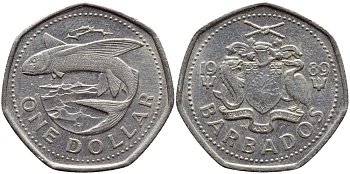 Барбадос 1 доллар 1989 летучая рыба KM 14.2 медно-никель 4398-253