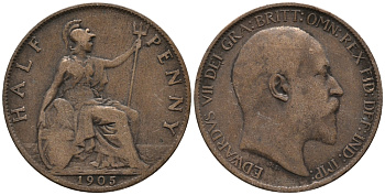 Великобритания 1/2 пенни 1905 Эдуард VII (1901-1910) KM 793.2, Spink 3991 бронза 34-1013