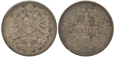 Германия 1 марка 1877 B Weege 17, J. 9, KM 7 серебро 413-5944