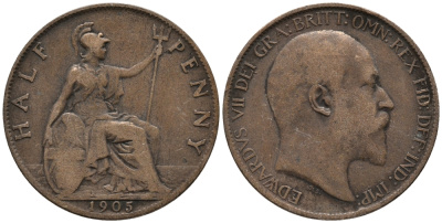 Великобритания 1/2 пенни 1905 Эдуард VII (1901-1910) KM 793.2, Spink 3991 бронза 34-1013
