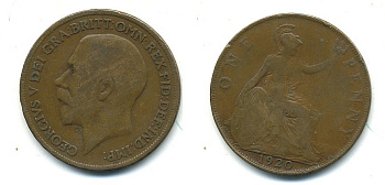 Великобритания 1 пенни 1920 Георг V (1910-1936) КМ 810, Spink 4051 бронза 4110-221