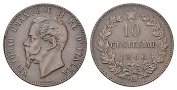 Италия 10 чентезимо 1866 OM, Виктор Эммануил II (1861-1878) KM 11.5 медь 4667-335