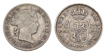 Филиппины 10 сентимо 1868 KM 145 серебро 1524-1131