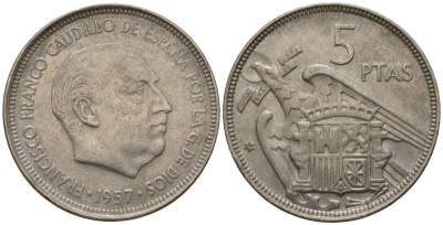 Испания 5 песет 1957 (60) Франсиско Франко (1939-1975) KM 786 медно-никель 186-446