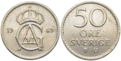 Швеция 50 эре 1969 U, Густав VI Адольф (1950-1973) KM 837 медно-никель 117-317