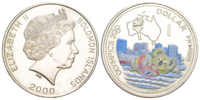Соломоновы Острова 1 доллар 2000 XXVII Летние Олимпийские игры, Сидней 2000 - Плавание KM 65 медно-никель PROOF 3896-431