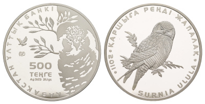 Казахстан 500 тенге 2011 серия Красная книга, сова, оригинальная коробка, сертификат KM 205 серебро  PROOF  3-6-1-01
