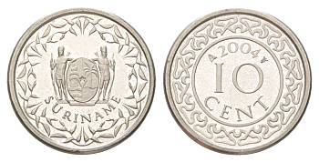 Суринам 10 центов 2004 тираж 4000 экземпляров KM 13a медно-никель BU 4625-334